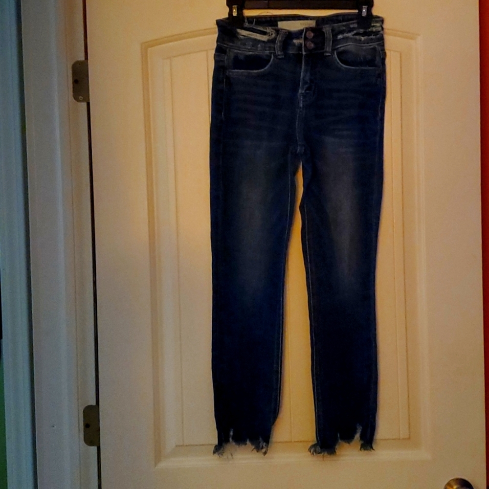 Buckle Bridge by Gly High Rise Ankle Jeans Button Fly. Destruction detail.
